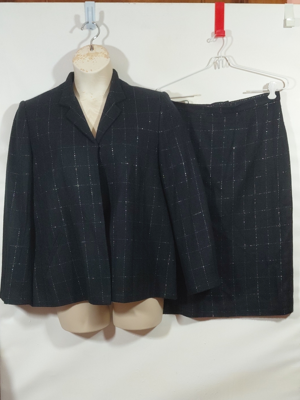 George Simonton Black Metallic Thread Windowpane Knit Blazer Skirt Set Size 14